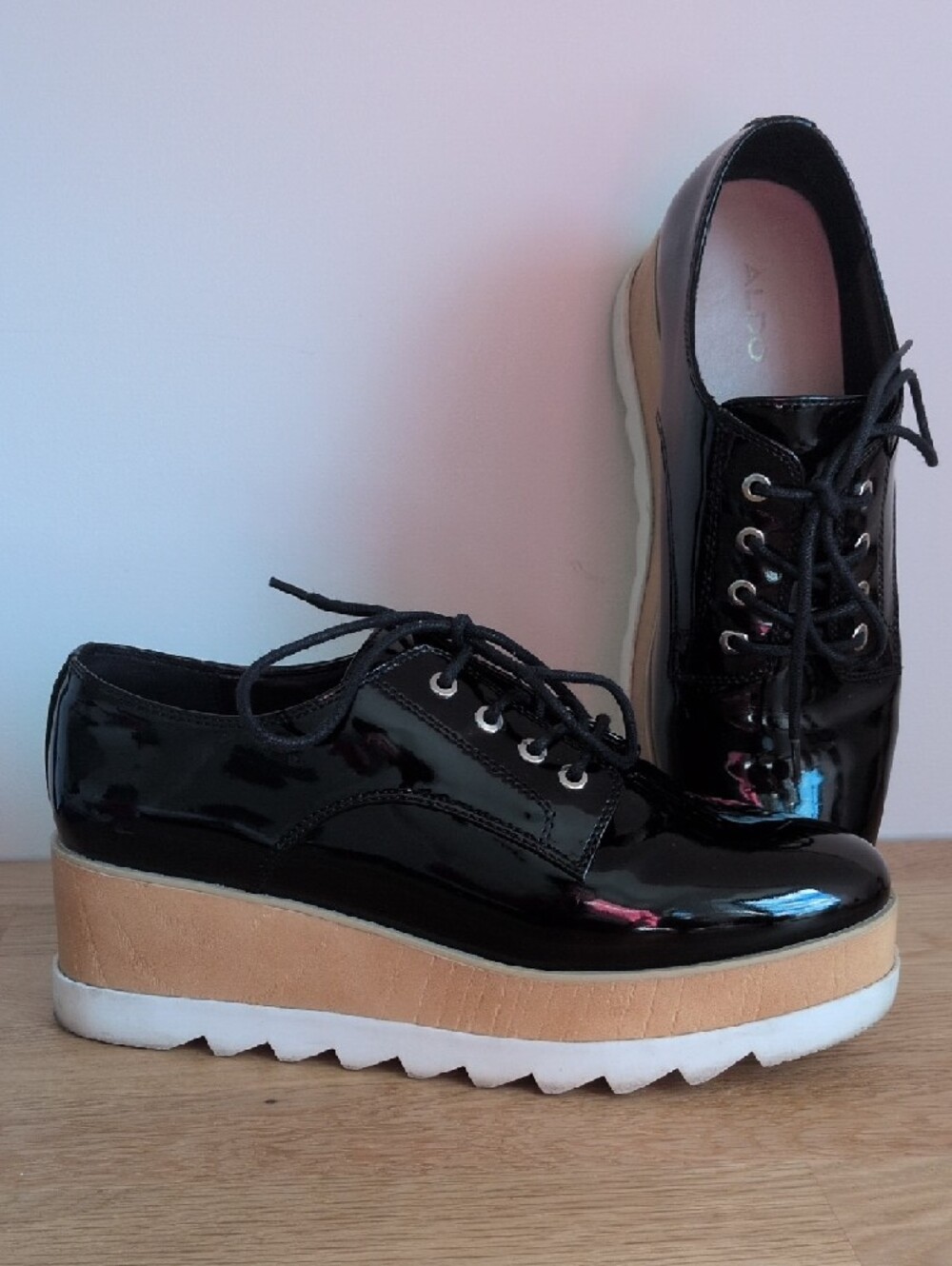 Patent Platform Lace-Up Oxfords in Black, Tan & White